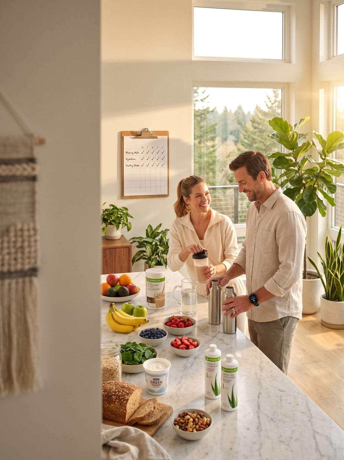 Couple building healthy daily habits with nutritious breakfast, Herbalife products, hydration and morning exercise in a modern home.