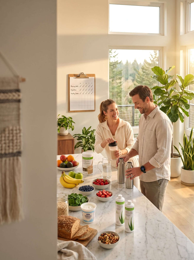 Couple building healthy daily habits with nutritious breakfast, Herbalife products, hydration and morning exercise in a modern home.