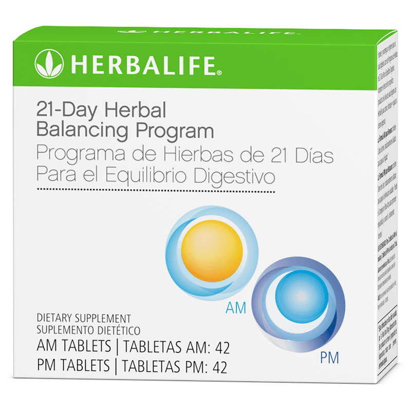 21-Day Herbal Balancing Program: 42 Tablets for AM/42 Tablets for PM dietary supplement box with AM and PM tablet indicators.