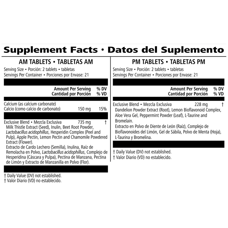 Supplement facts for 21-Day Herbal Balancing Program: 42 Tablets for AM/42 Tablets for PM.