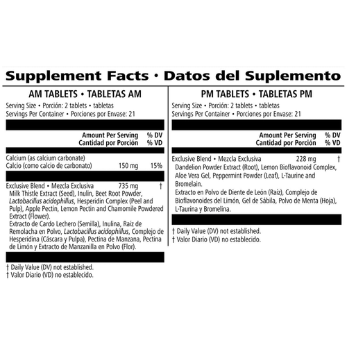 Supplement facts for 21-Day Herbal Balancing Program: 42 Tablets for AM/42 Tablets for PM.