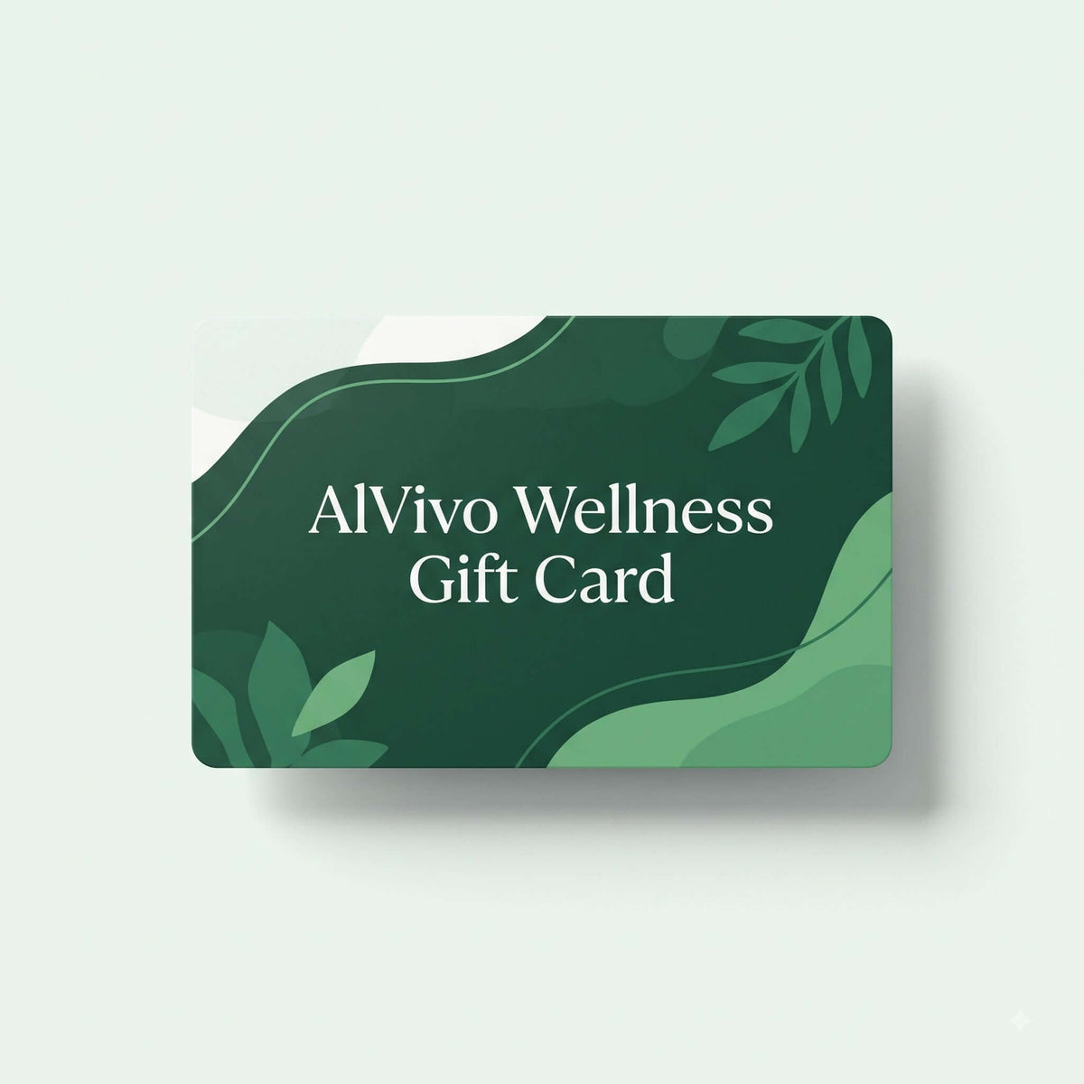 A dark green AlVivo Wellness gift card with white text and light green leaf illustrations, shown on a pale mint background with a soft drop shadow.