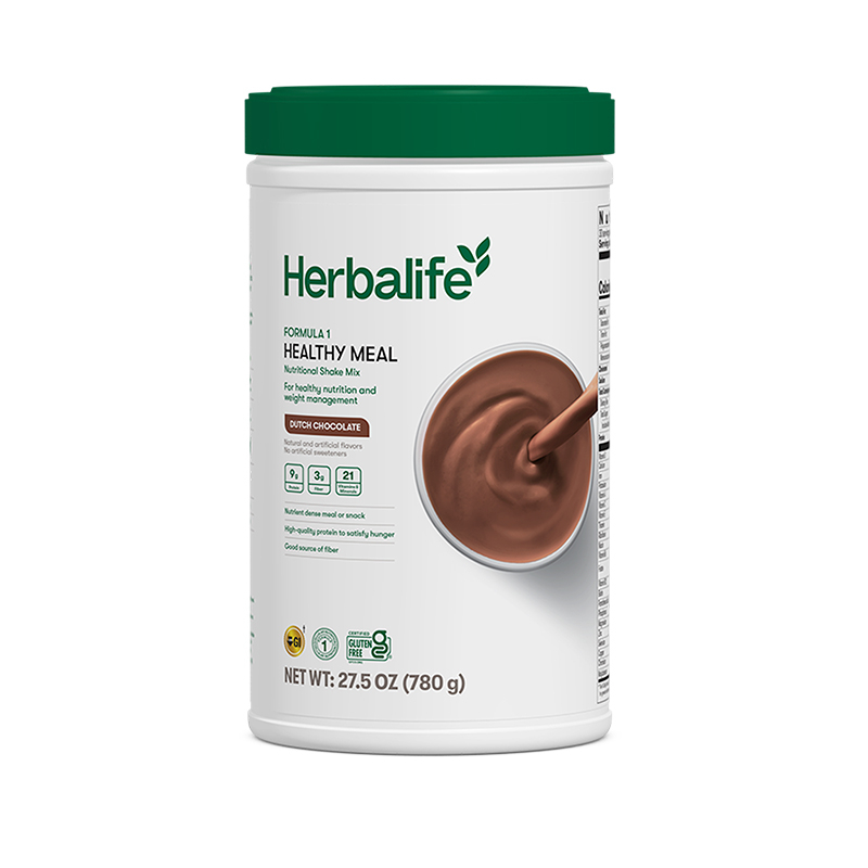 Herbalife Formula 1 Healthy Meal shake mix container with green lid on a white background