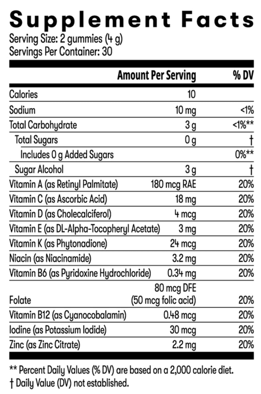 Supplement facts for Herbalife Kids Immune Health* + Multivitamin Gummies, detailing essential vitamins and nutrients.