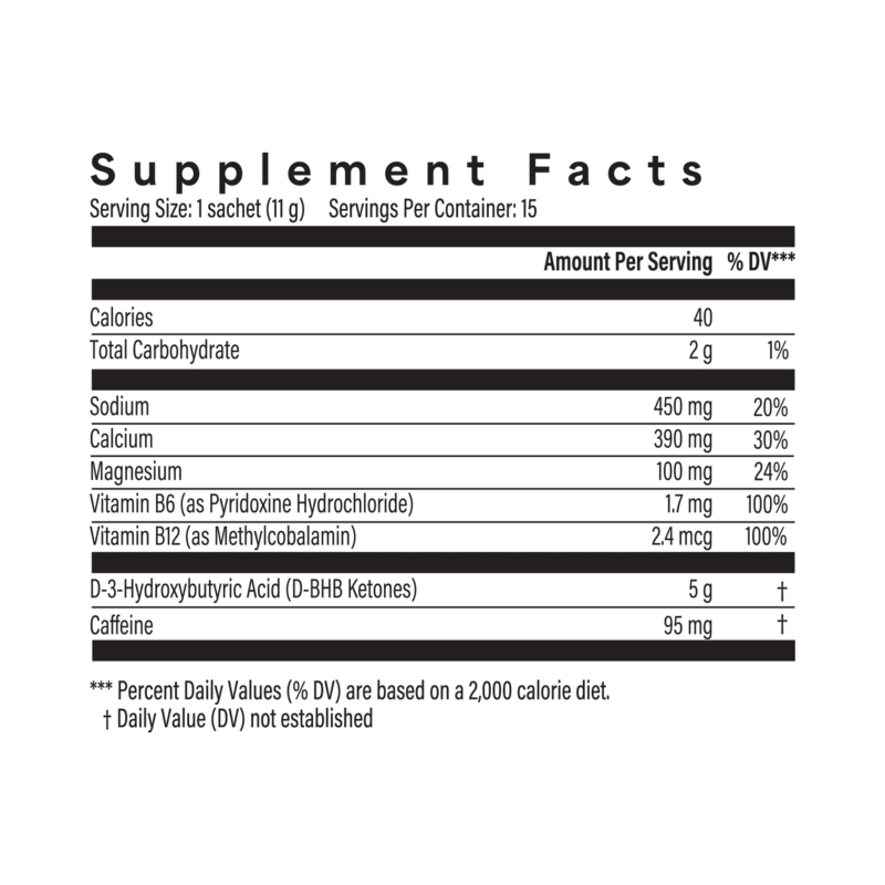 Life I/O Activate Energy Supplement Facts panel showing BHB ketones, caffeine, B vitamins and electrolytes