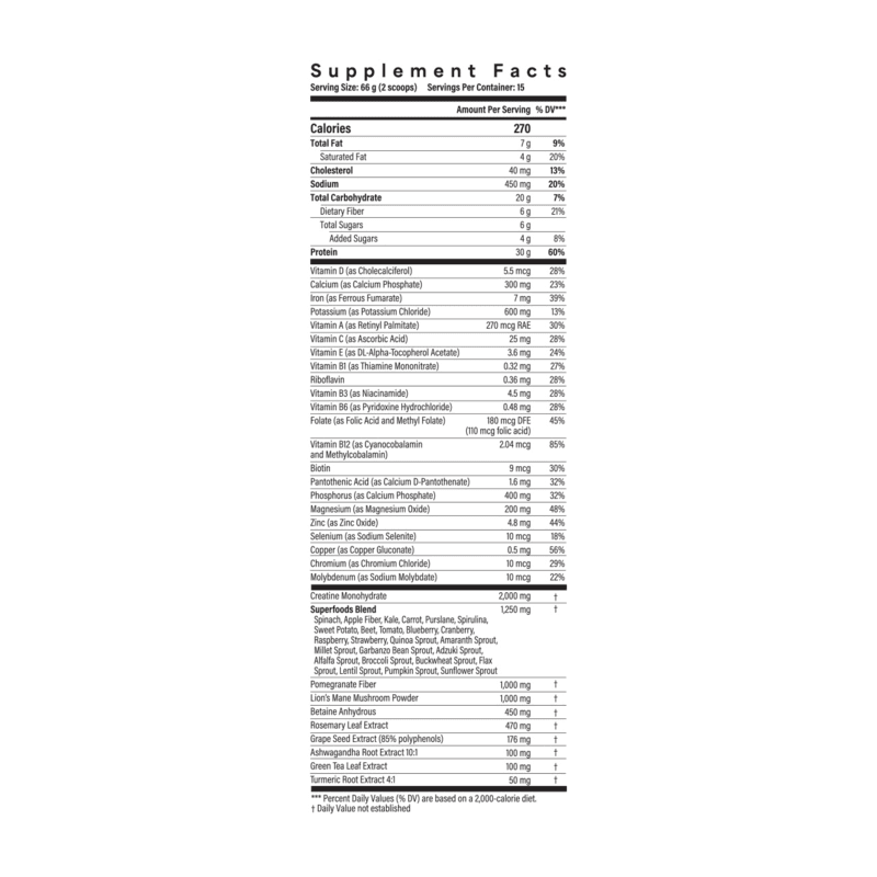 Life I/O Helio Supplement Facts panel showing protein, fiber, vitamins, minerals and creatine