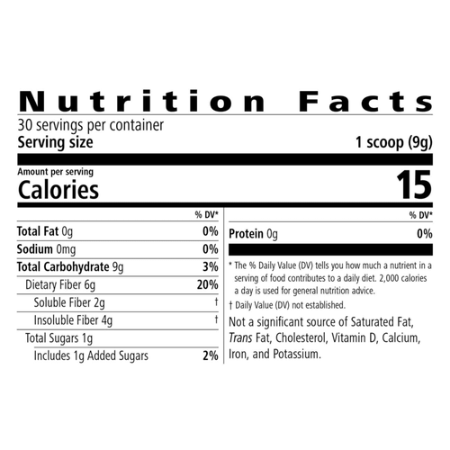 Nutrition Facts for Active Fiber Complex Select: Tropical Twist showing 6g of dietary fiber per serving.