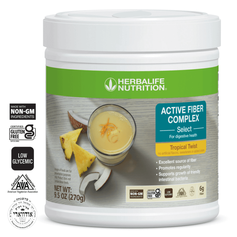 Active Fiber Complex Select: Tropical Twist packaging with dietary fiber details and tropical flavor image.