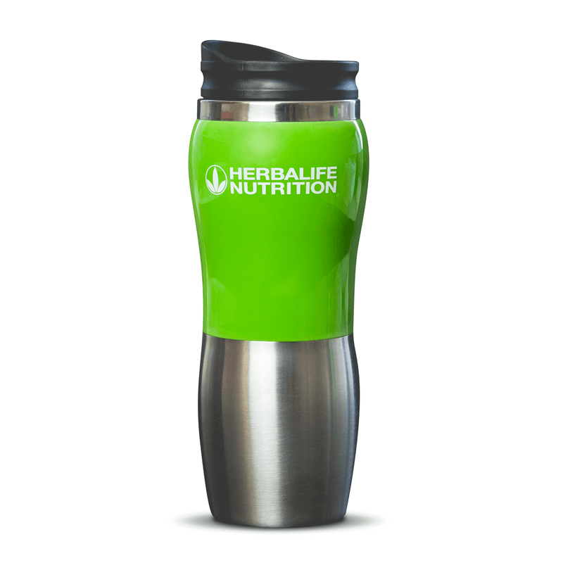 AlVivo 14.5 Oz Stainless Steel Travel Mug – On-the-GoMu in bright green with stainless steel bottom, perfect for hot and cold beverages.