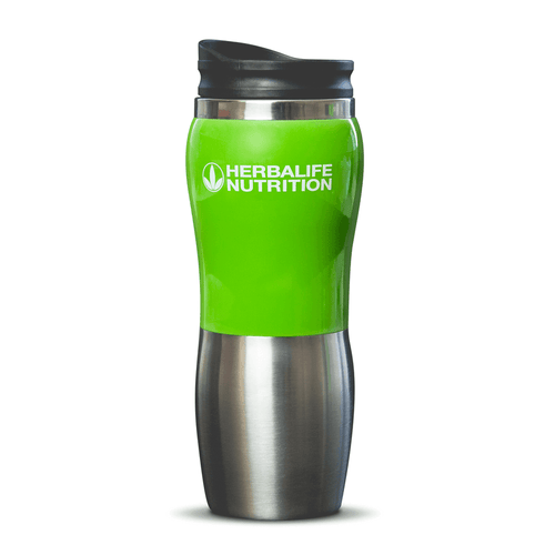 AlVivo 14.5 Oz Stainless Steel Travel Mug – On-the-GoMu in bright green with stainless steel bottom, perfect for hot and cold beverages.