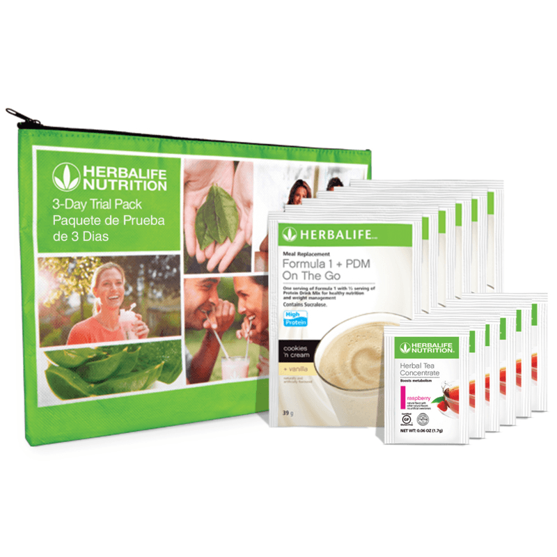 3-Day Trial Pack with Herbal Tea Concentrate: 1 set featuring Herbalife's Formula 1, PDM and Herbal Tea Concentrate packets.
