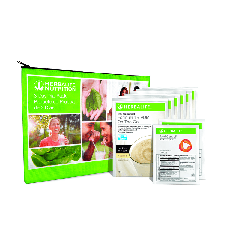 3-Day Trial Pack with Total Control: 1 Pack featuring Herbalife nutrition products and meal replacement packets.