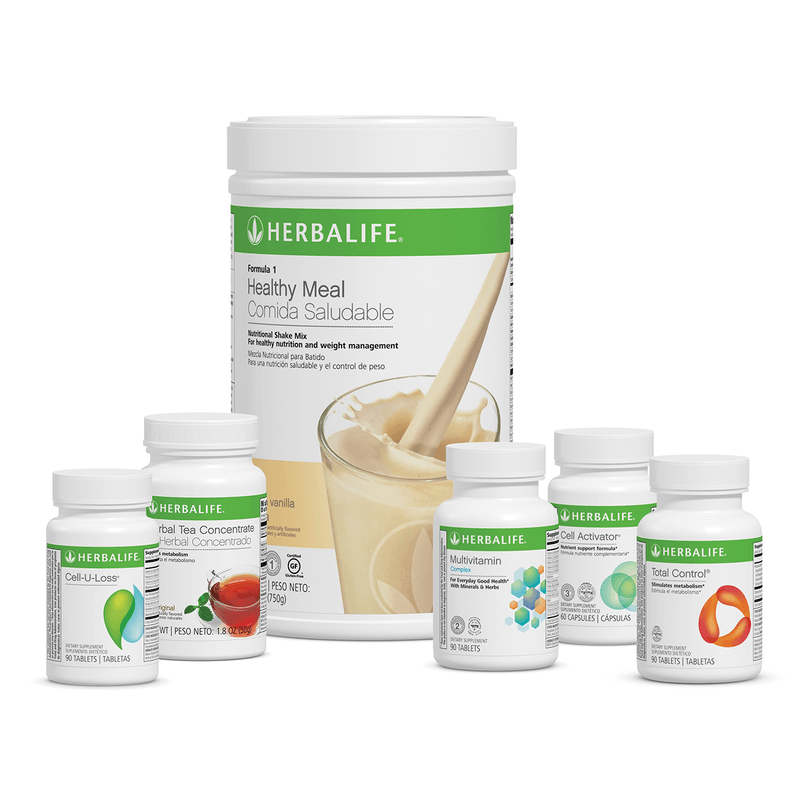 AlVivo Advanced Program kit featuring French Vanilla Healthy Meal Nutritional Shake Mix and supporting supplements.