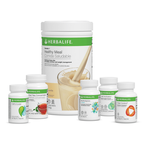 AlVivo Advanced Program kit featuring French Vanilla Healthy Meal Nutritional Shake Mix and supporting supplements.