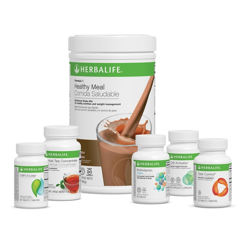 AlVivo Advanced Program kit featuring Dutch Chocolate Healthy Meal Shake and supportive products for weight management.