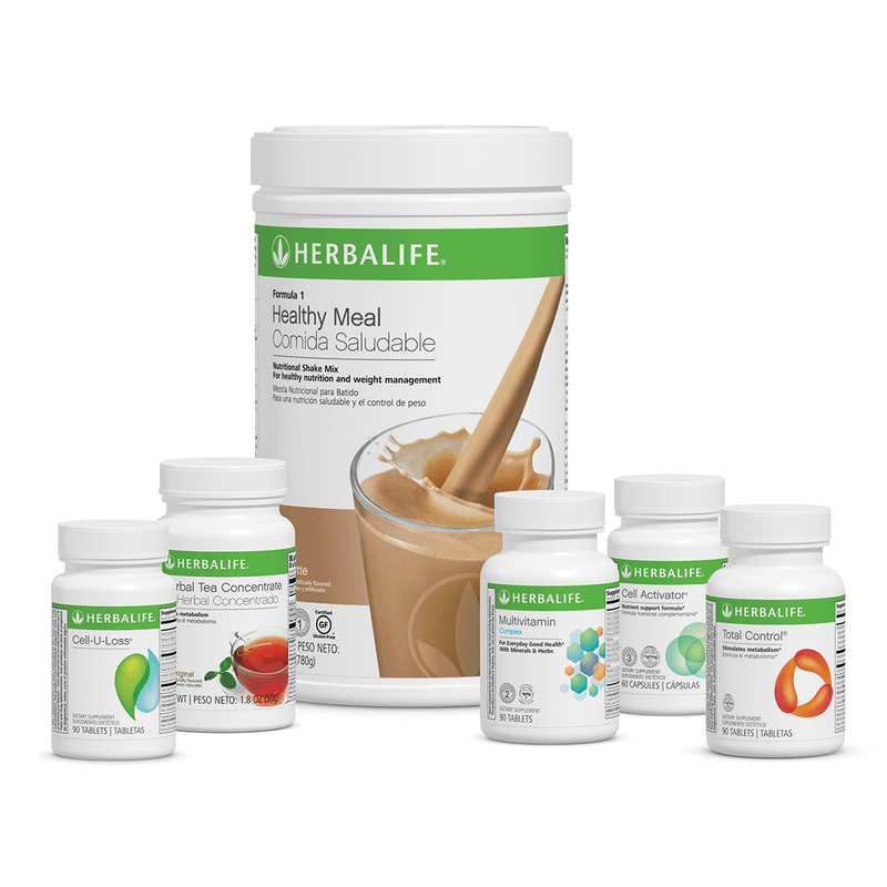 AlVivo Advanced Program kit featuring Café Latte Flavor Healthy Meal Shake and supplements for weight management.