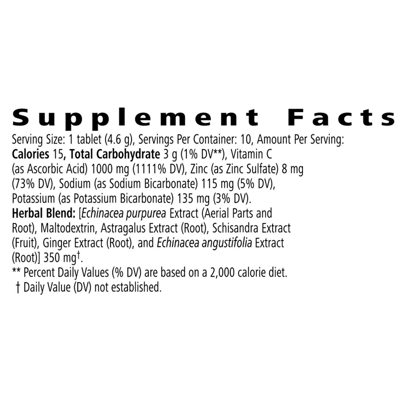 Supplement Facts for Best Defense®: Orange Boost 10 Tablets per Tube, featuring ingredients and nutritional values.