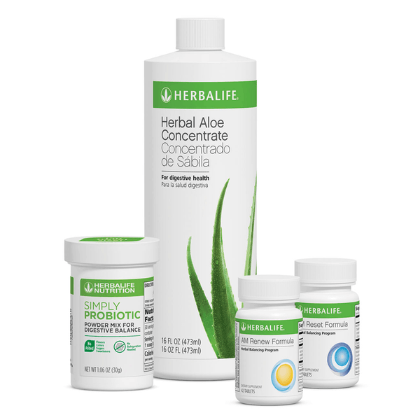 AlVivo Digestive Health Program including Herbal Aloe Concentrate, Simply Probiotic and AM Renew Formula for digestive wellness.