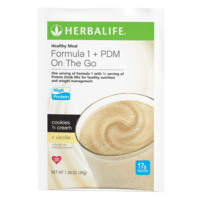 Herbalife Formula 1 + PDM On The Go Protein Meal Shake Cookies 'n Cream flavor with 17g of protein per serving.