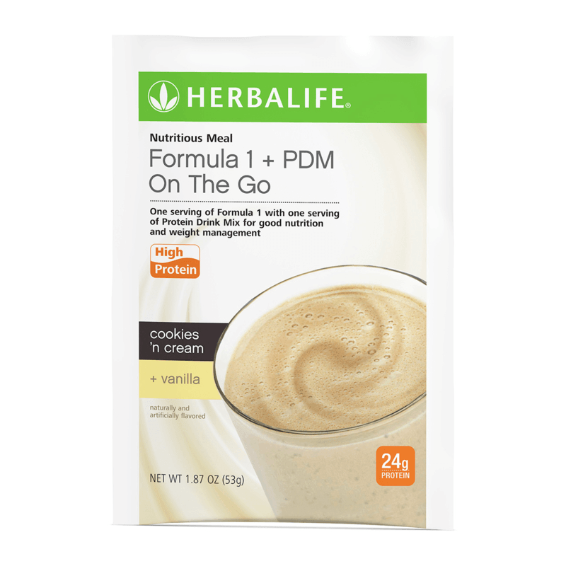 Formula 1 + PDM On The Go Protein Meal Shake Cookies 'n Cream Vanilla flavor, high protein, single serve packet.