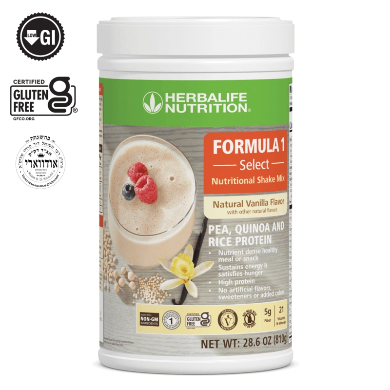 Formula 1 Select (Suitable for Vegans) nutritional shake mix with pea, quinoa, and rice protein, vanilla flavor.
