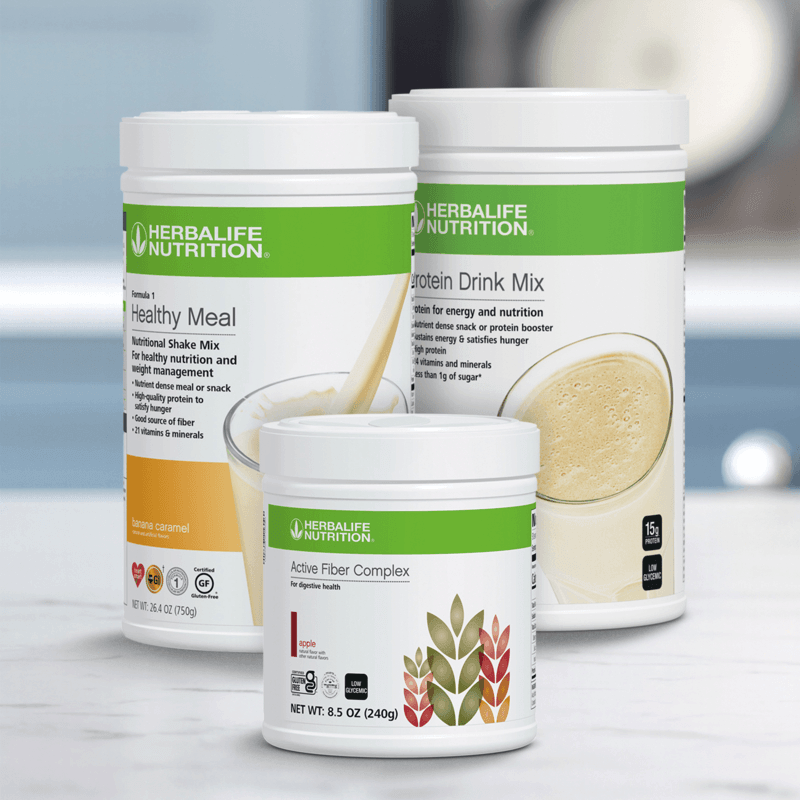 GLP-1 Nutrition Companion Classic from Herbalife includes Banana Caramel Healthy Meal, Protein Drink Mix, and Active Fiber Complex.