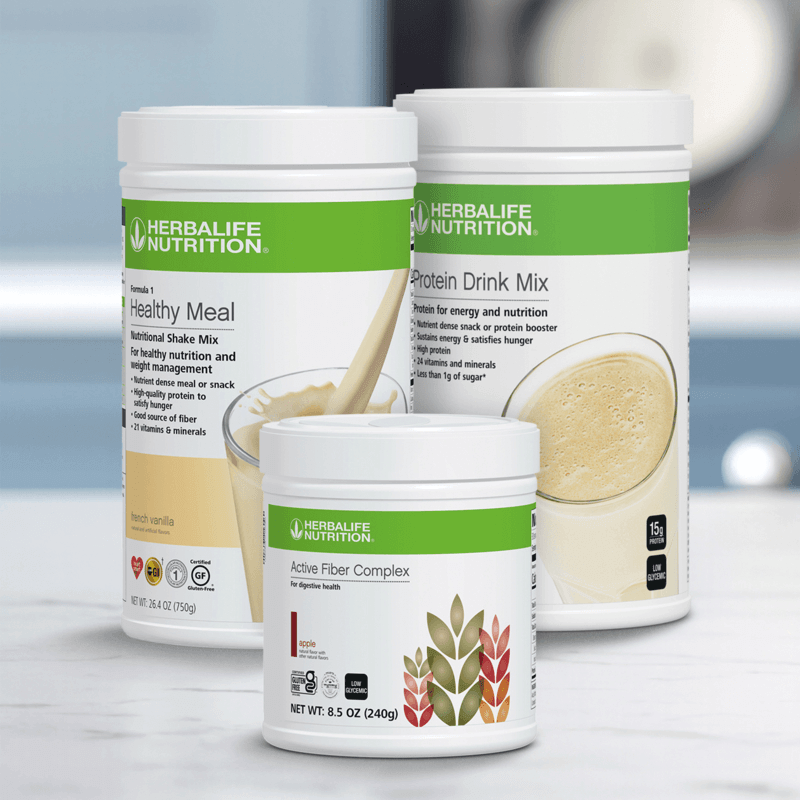 GLP-1 Nutrition Companion Classic products including Herbalife Healthy Meal, Protein Drink Mix, and Active Fiber Complex in vanilla flavor.