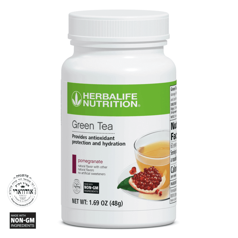 Green Tea: Pomegranate product bottle showcasing antioxidant protection and hydration benefits.