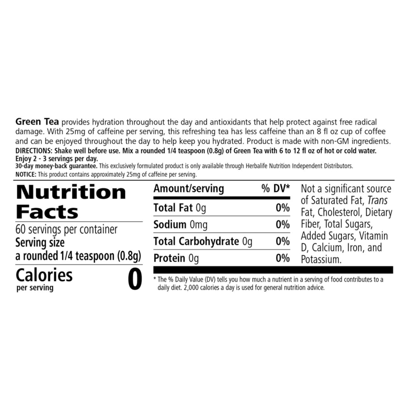 Nutrition label for Green Tea: Pomegranate highlighting hydration and antioxidant benefits per serving.