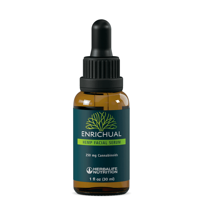 Hemp Facial Serum bottle with dropper, 250 mg cannabinoids, Herbalife Nutrition, skincare elixir for radiant skin.
