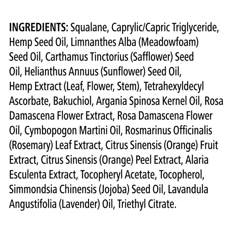 Ingredients list for Hemp Facial Serum including various oils and botanical extracts.
