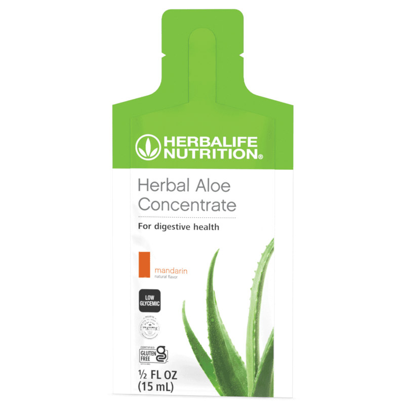 Herbal Aloe Concentrate Single-Serve Packets in mandarin flavor, packed for digestive health and nutrient absorption.
