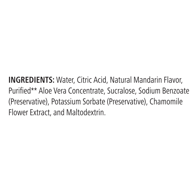 Ingredients of Herbal Aloe Concentrate Single-Serve Packets including aloe vera, natural flavors, and preservatives.