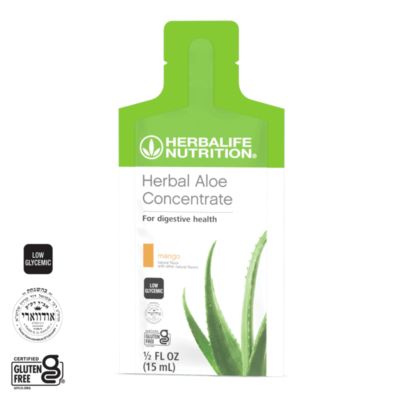 Herbal Aloe Concentrate Single-Serve Packets in mango flavor for digestive health, gluten-free and low glycemic.
