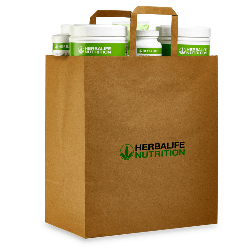 Herbalife Nutrition Paper Bags - Set of 10 Eco shown with nutritional products in a sustainable brown paper bag.