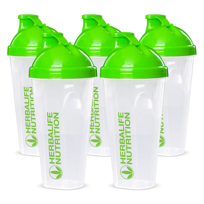 Herbalife Shaker Cup | Leak-Proof Drink MixerCup - set of 5 clear cups with green lids for mixing drinks.