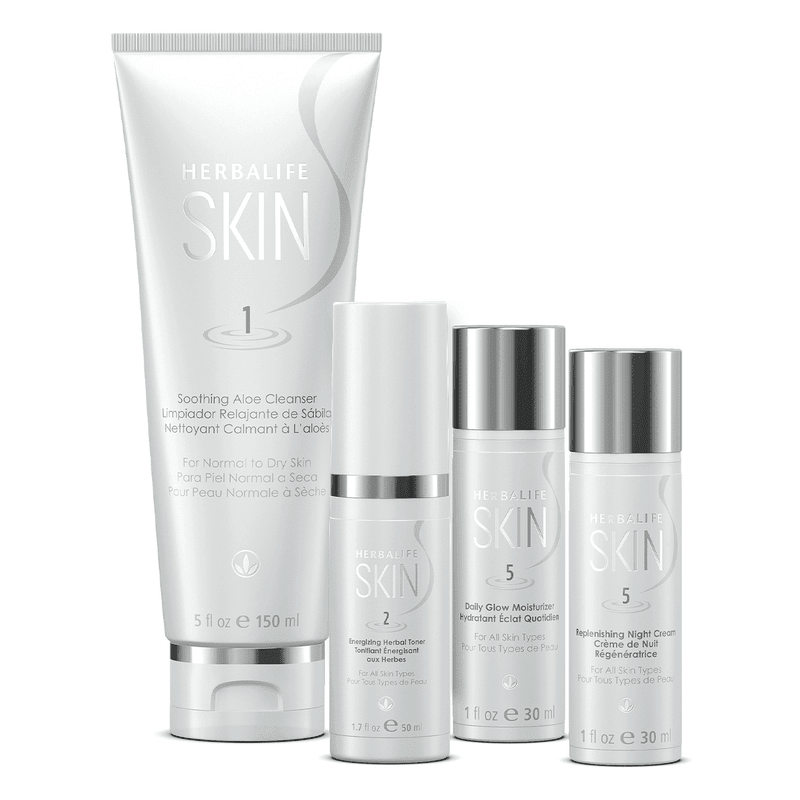 Herbalife SKIN Basic Program for Normal to Dry SKİN includes soothing aloe cleanser, herbal toner, moisturizer, and night cream.