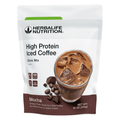 High Protein Iced Coffee drink mix in mocha flavor with iced coffee and coffee beans, a refreshing low sugar beverage option.