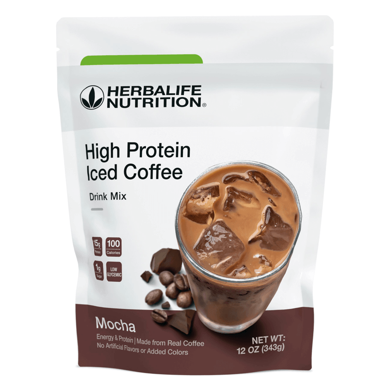 High Protein Iced Coffee drink mix in mocha flavor with iced coffee and coffee beans, a refreshing low sugar beverage option.