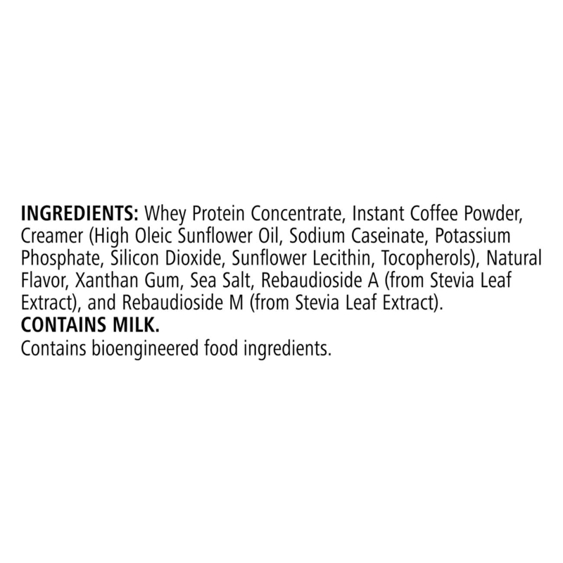 High Protein Iced Coffee ingredient list including whey protein, coffee powder, and creamer for a nutritious snack.