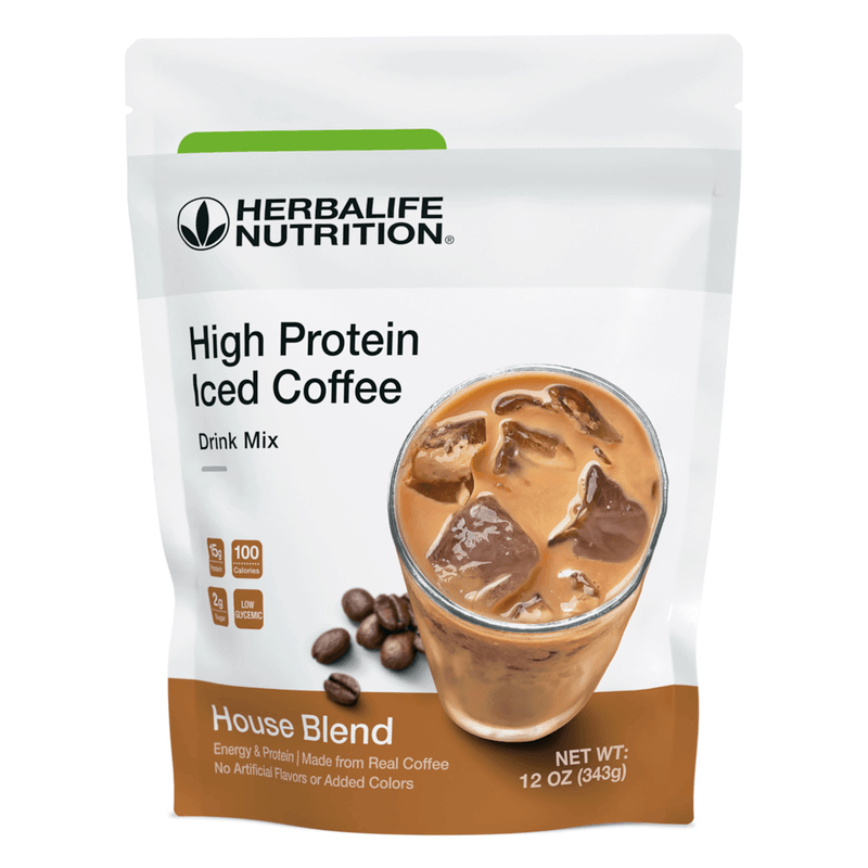 High Protein Iced Coffee drink mix packaging featuring a glass of iced coffee and house blend flavor.