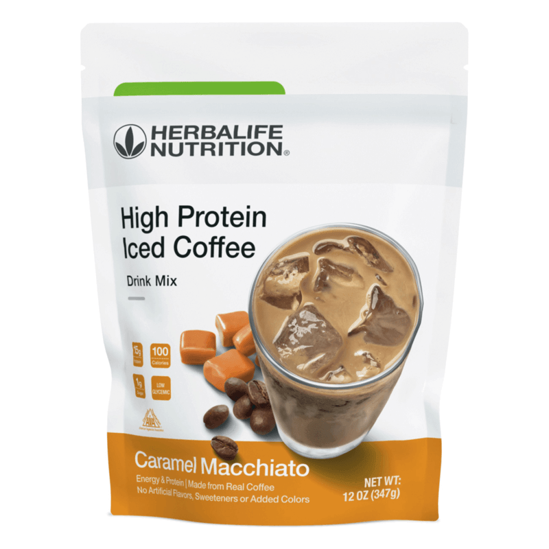 High Protein Iced Coffee Caramel Macchiato drink mix package with iced coffee glass and caramel pieces.