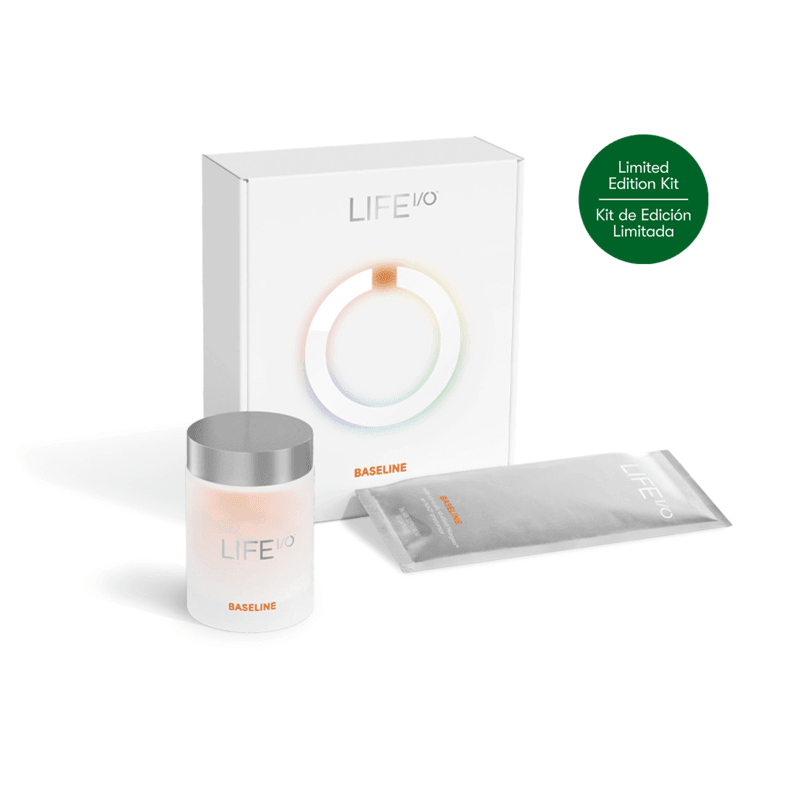 Life I O Baseline limited edition kit with supplement container and packaging on white background.