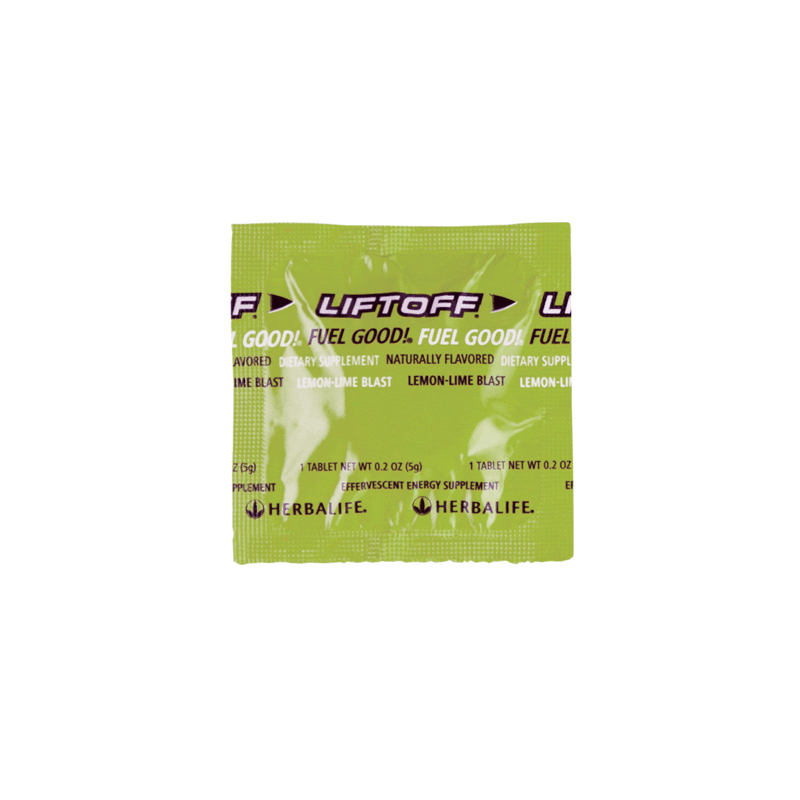 AlVivo Liftoff® Lemon-Lime Blast effervescent dietary supplement packet, contains caffeine for energy boost.