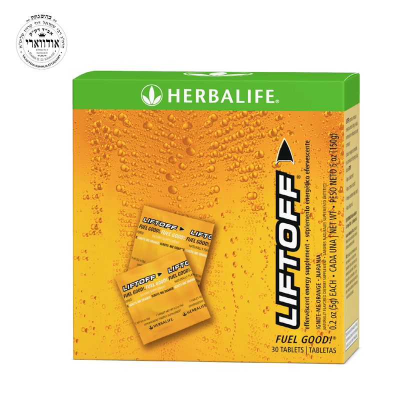 AlVivo Liftoff® packaging with Ignite-Me Orange flavor, featuring 30 effervescent energy supplement tablets.