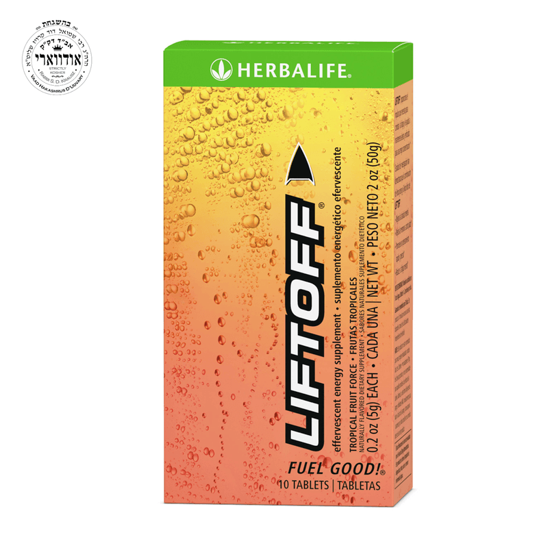 AlVivo Liftoff® effervescent energy supplement tablets in Tropical Fruit flavor, 10-count packaging for instant energy boost.