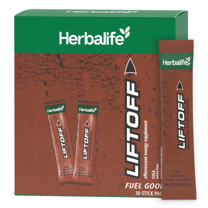 AlVivo Liftoff effervescent energy supplement in Cola flavor, convenient stick packs by Herbalife.