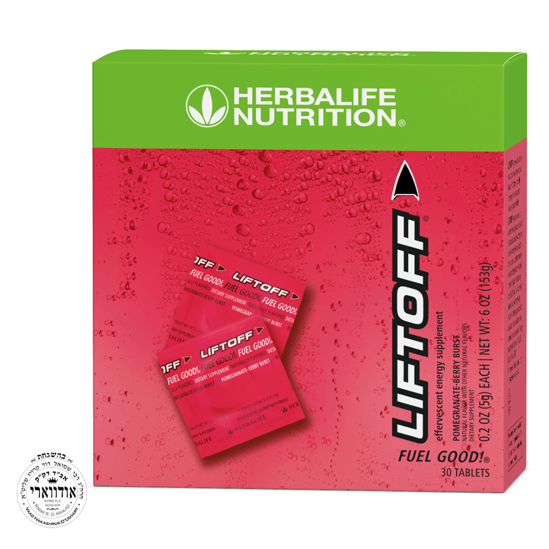 AlVivo Liftoff® pomegranate-berry burst effervescent energy supplement packaging with 30 tablets.