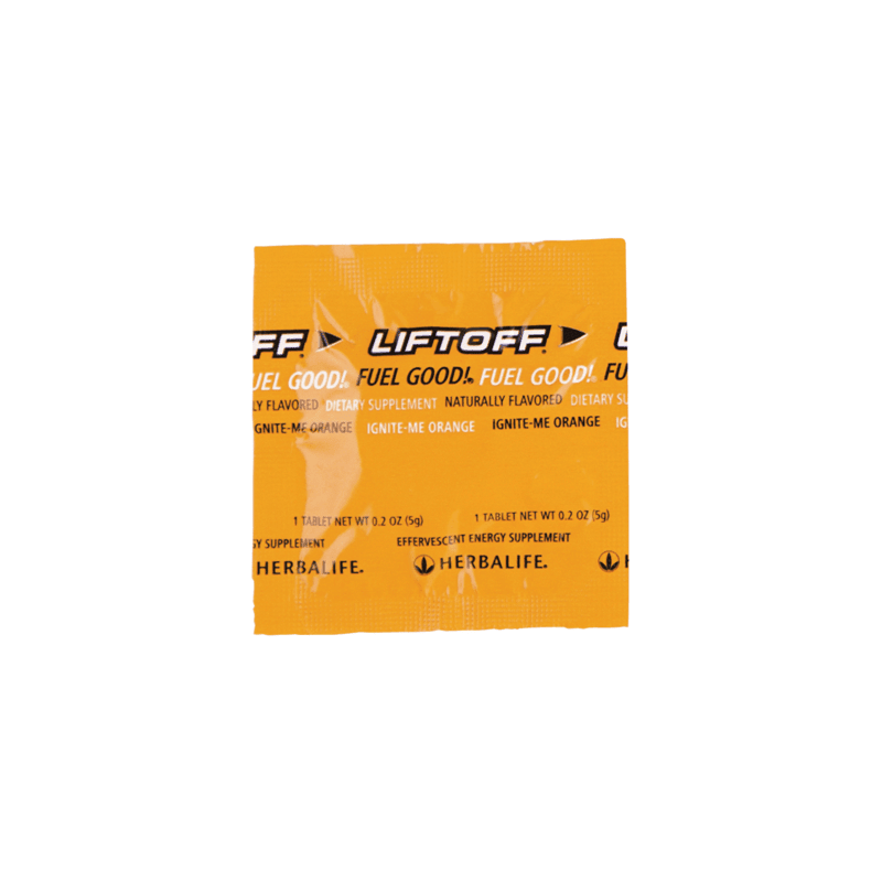 AlVivo Liftoff® Ignite-Me Orange dietary supplement packet, effervescent energy boost for mental alertness and energy.