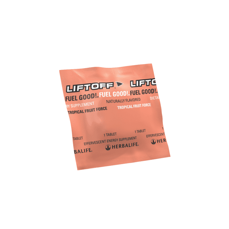AlVivo Liftoff® Tropical Fruit Force effervescent energy supplement tablet, individually wrapped for on-the-go convenience.